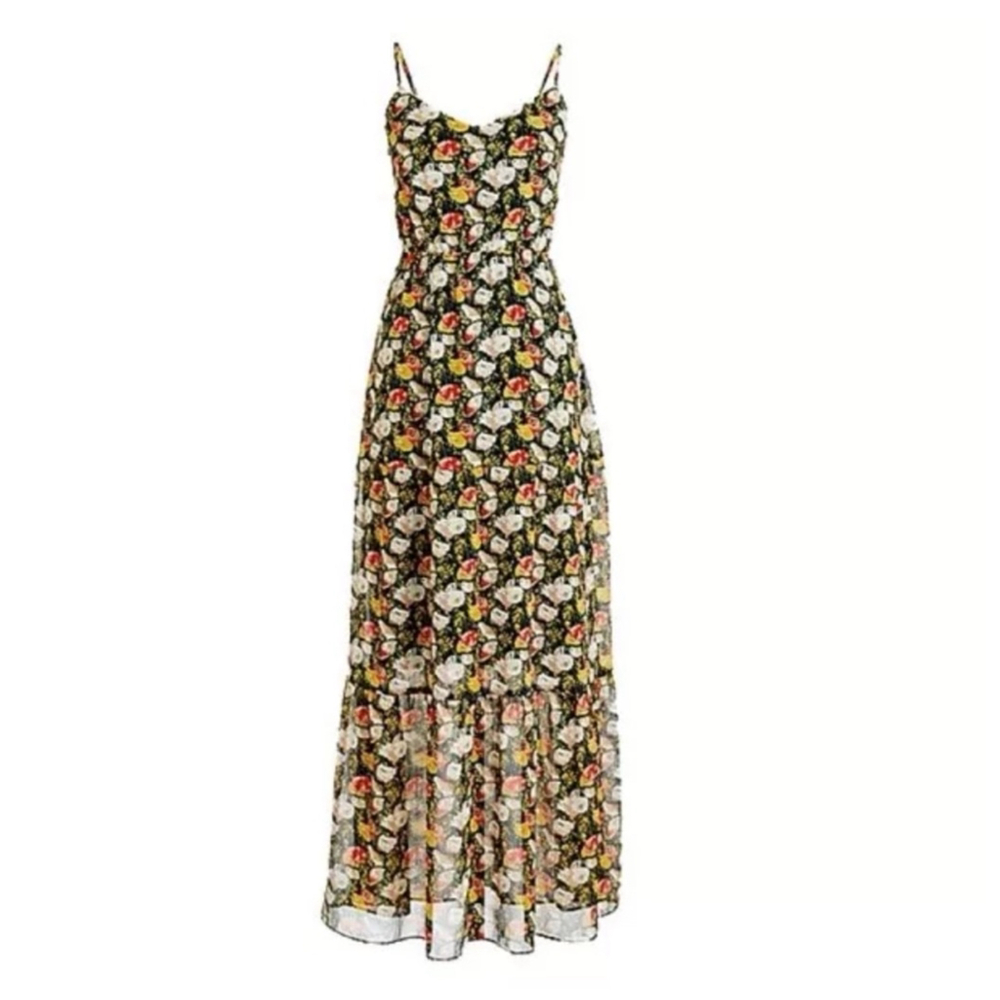 J Crew Chiffon Tiered Sheer Maxi Dress Dark Floral Cottagecore Fairy Grunge